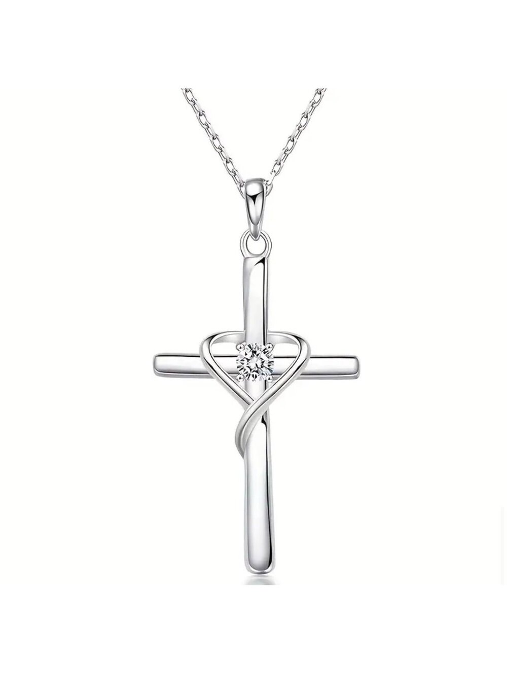 New - Silver - Inlaid Zirconia Heart Cross Pendant Necklace